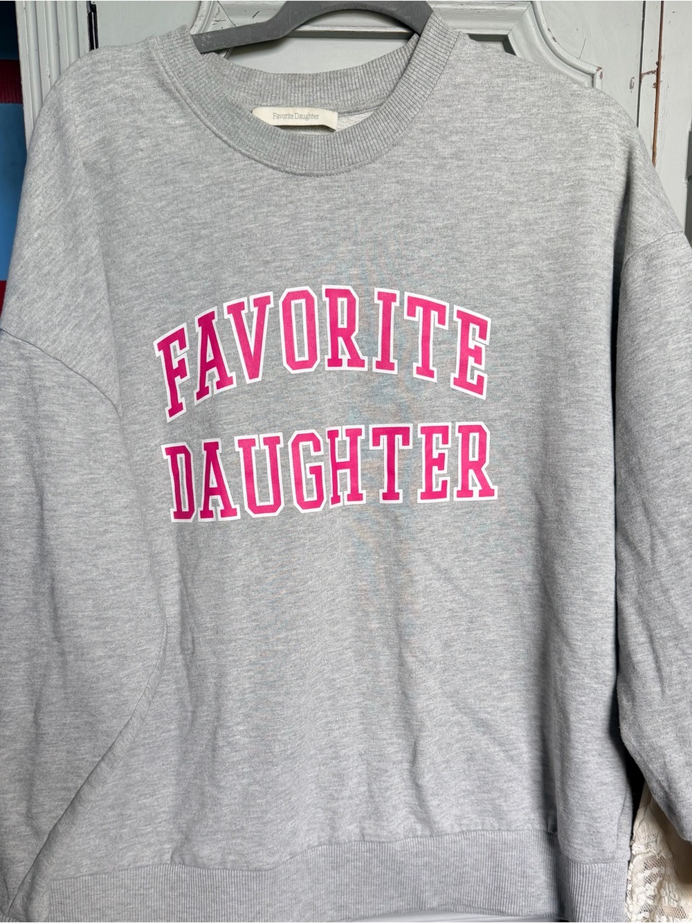 Favorite Daughter Collegiate Gray Sweatshirt with Pink Lettering
